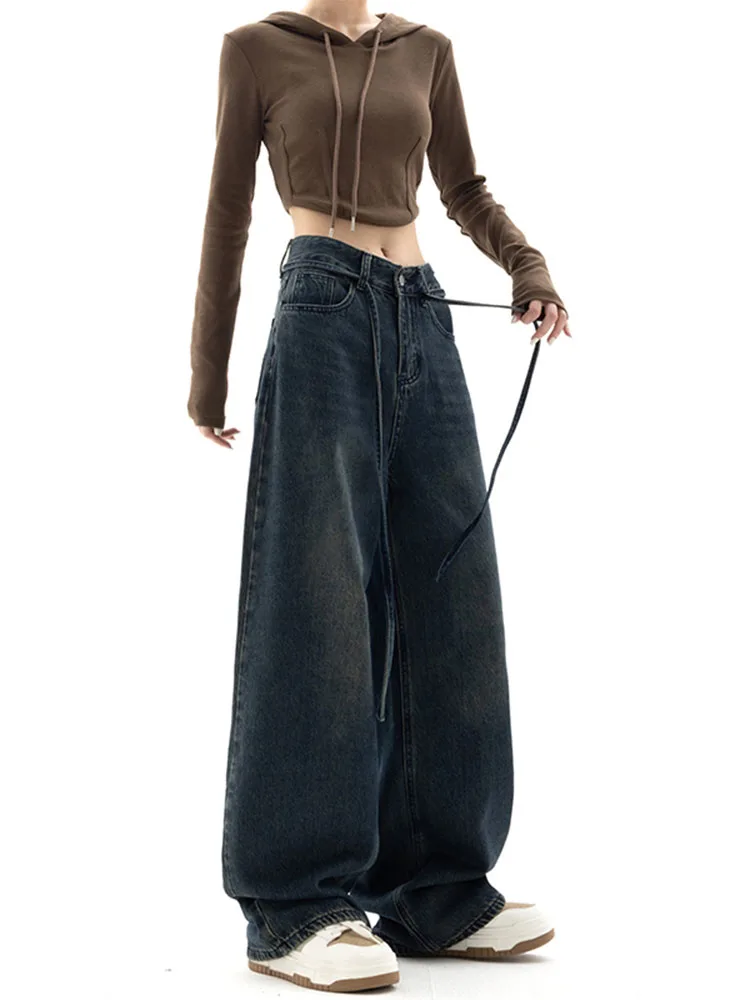 

2022 Autumn Winter Fashion Women Punk Style High Waist Jeans Button Wash Blue Trousers Streetwear Wide Leg Loose Denim Pants