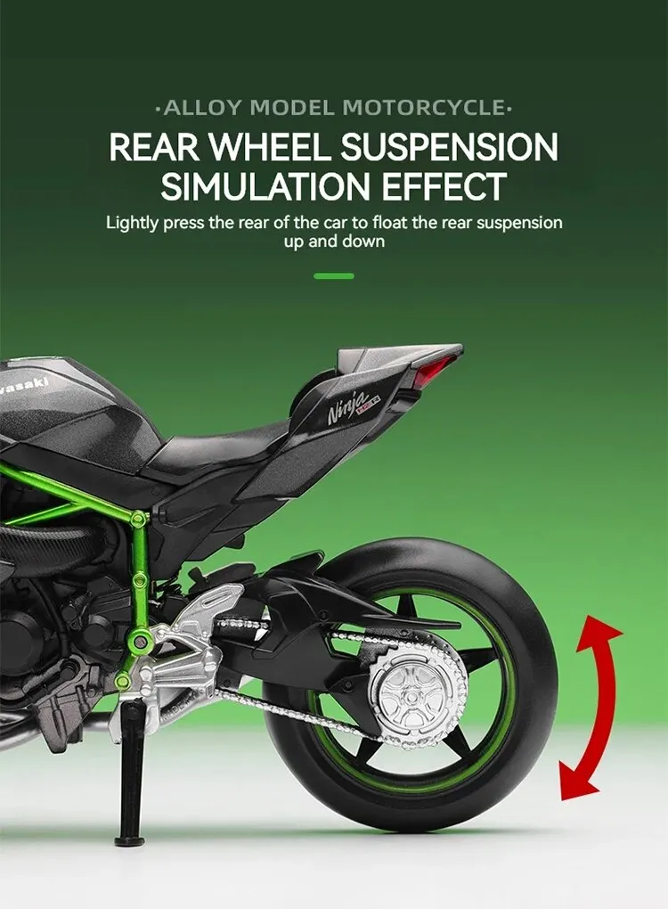 Complete motorcycle model with detailed dimensions and professional display base showing 1:12 scale accuracy
