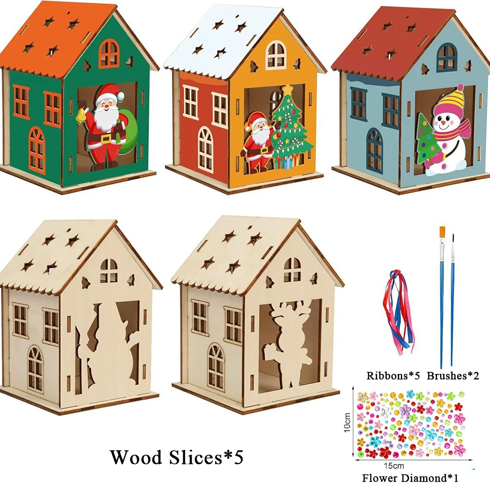 5 Sets Weihnachtshaus-Bastelset aus Holz zum Selbermachen, Farbe und Bauen, 3D-Weihnachtshaus-Set für Kinder, Weihnachten, Häuser, Weihnachtsfeier-Dekoration