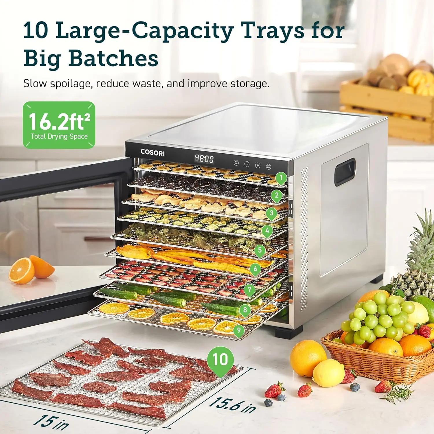 Food Dehydrator for Jerky 10 Trays 16.2ft&sup2; Drying Space 165&deg;F Temperature Control 48H Timer 1000W Dehydrator Machine