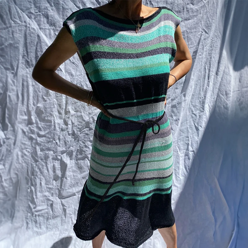 

Elegant Striped Round Neck Knitted Dress For Women Fashion Female Sleeveless Midi Dress 2024 Chic Spring Lace-Up Sweater Dresses