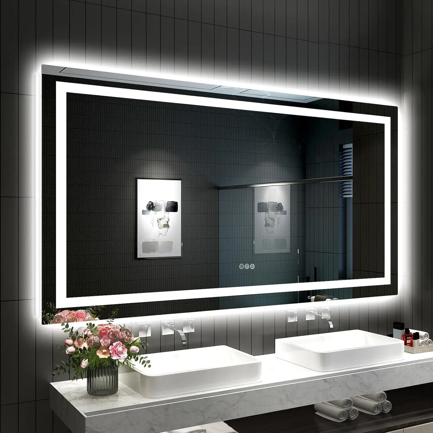 Mirror for Bathroom with Double LED Strips Front and Backlit Lighted Mirrors for Bathroom Wal Colors and Stepless Dimmable LED