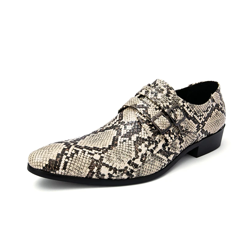 Men Snake Print Chelsea Shoes Double Buckle Pointed Toe Stylish