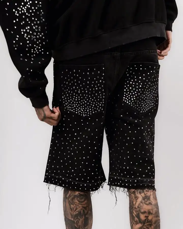 Vintage Black Cross Rhinestone Sequin Denim Shorts Y2K Jeans Mens Womens Hip Hop Rhinestone Baggy Shorts Casual Basketball Short