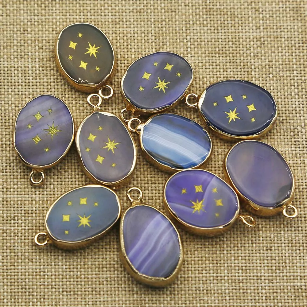 Natural Agate Jade Blue Crystal Powder Crystal Oval Star Pendant Necklace Fashion Charm Jewelry Accessories Gift Wholesale 10Pcs