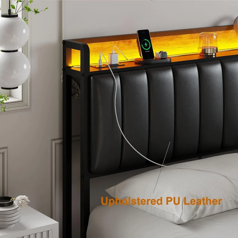 LED Cal King Size Upholstered Headboard with Charging Station, Cal King Storage Headboard Height Adjustable, Black PU Upholstery
