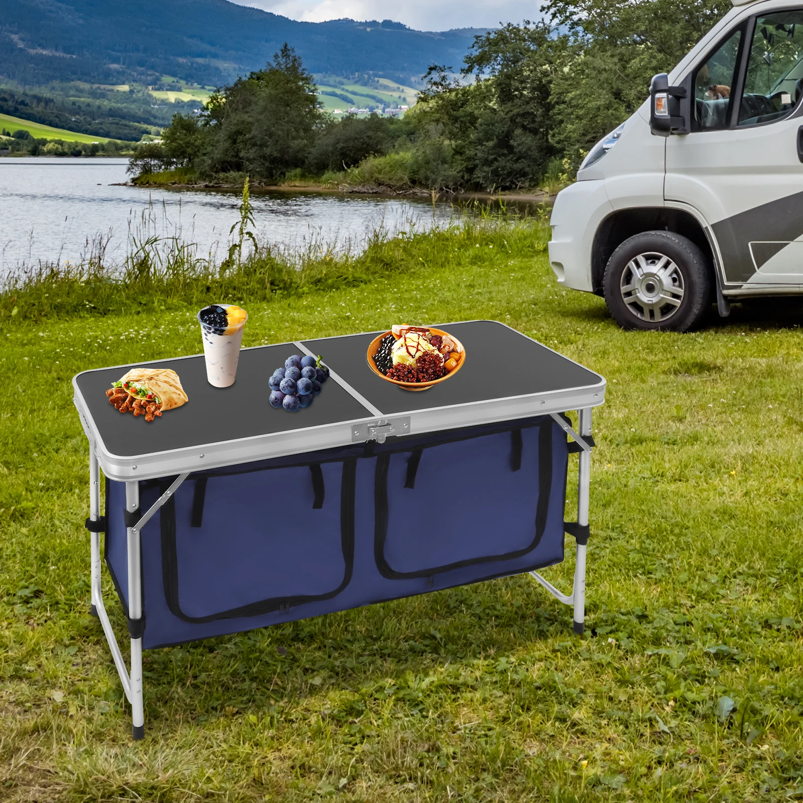 Portable Folding Camping Table with Storage Bags, 3 Height Adjustable Aluminum Alloy Picnic Table, 47"x18.5" Lightweight Outdoor Table for Beach RV Backyard