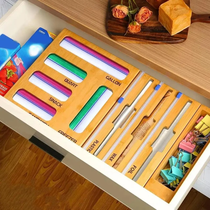 

Kitchen Storage Shelf Bamboo Ziplock Bags Holder Cling Wrap Foil Dispenser Aluminum Organizer with Cutter Kitchen Accessories