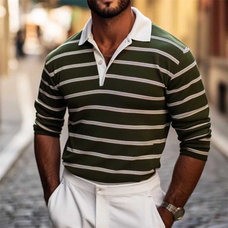 Polo grafiche a righe casual da uomo Semplice autunno Business Polo da golf a maniche lunghe stampata in 3D T-shirt con risvolto larghe e traspiranti - immagine 3
