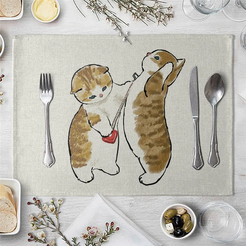 Cat Decorations Placemat Polysterflax Blended Yarn Dining Table Mats Coaster Bowl Coffee Cup Mat Napkin