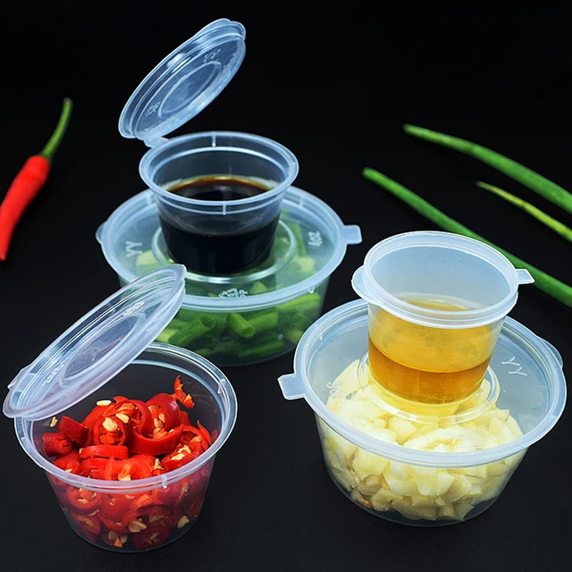 50Pcs Plastic Sauce Cup Containers Food Box With Hinged Lids Clear