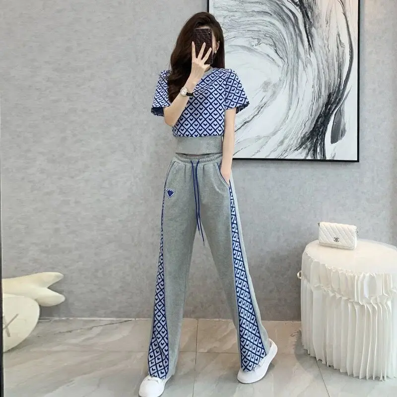 Summer Harajuku Vintage Tops Wide-leg Pants Two Piece Set Women Elegant Fashion All Match Loose Casual Chic Fashion Sport Sets тюбинг x match sport бумер 100см во7063 2