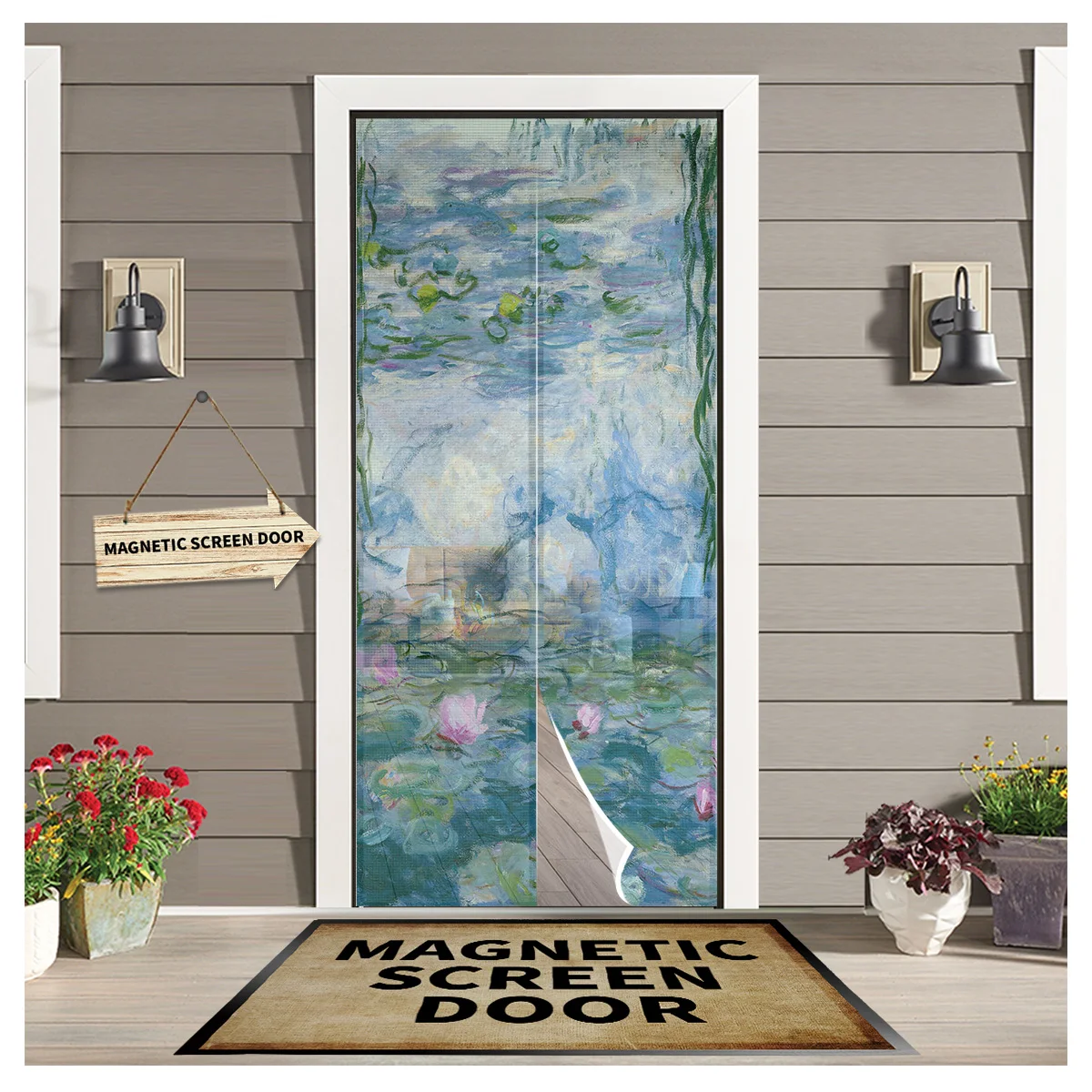 

Lotus Willow Leaf Watercolor Kitchen Door Curtain Mosquito-proof Window Screen Bedroom Magnetic Door Curtain