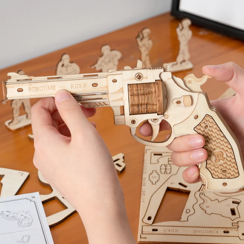 DIY Revolver,Scatter with Rubber Band Bullet Wooden Model Building Block Kit Assembly Toy Gift for Children Adult 3