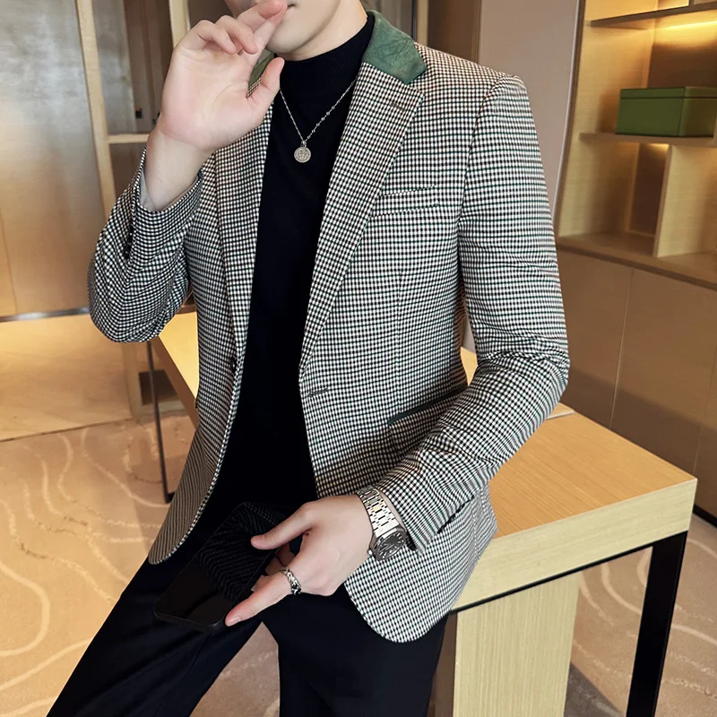 Men Suit Jacket Luxury Fashionable Business Slim Fit Lapel Plaid Dress Wedding Groom Tailcoat 4XL-M