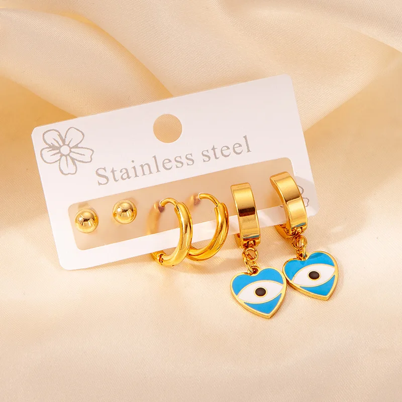 Chic Stylish Trendy 18K Gold Plated Stainless Steel Blue Turkish Eyes Earrings Jewelry 3Pair/Set Earrings For Women 3