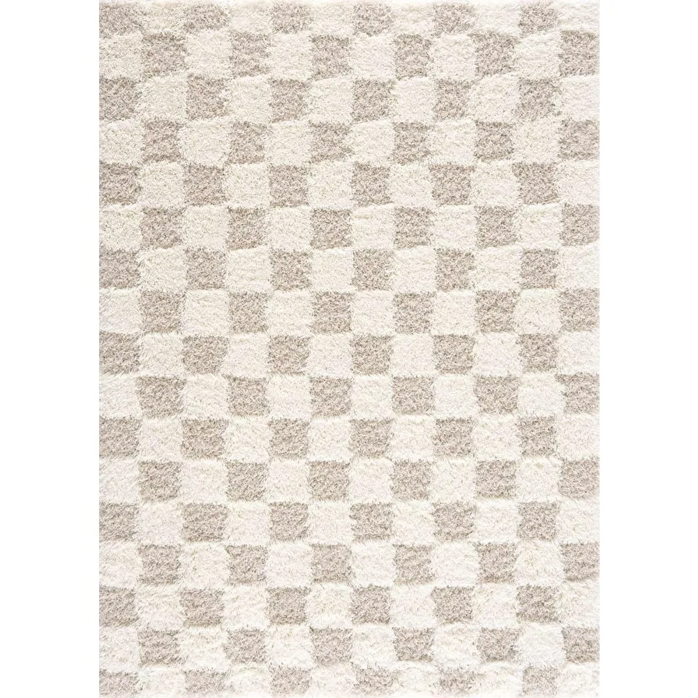 Atira Contemporary Checkered Fluffy Shag Area Rug-Modern Geometric Carpet Tiles for Living Room, Kids Room, Nursery
