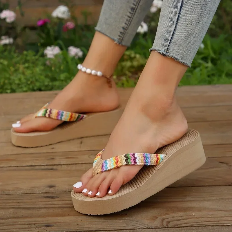 Women Slippers Summer Wedge Thick Sole Outdoor Beach Slippers Fashion Flip Flop Bohemian Style Sandals