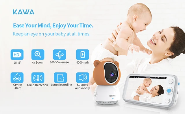 KAWA 2K Baby Monitor with Cameras Audio Video Nanny Wireless Camera with  4000mAh Battery 5 Inch Screen TF Card Night Vision 360°