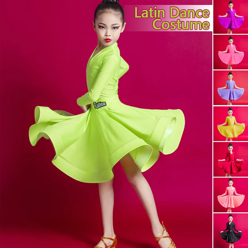 Children Girls Latin Dance Costume Rumba Ballroom Dancing Large Swing Dress Kids Practice Performance Professional Competition