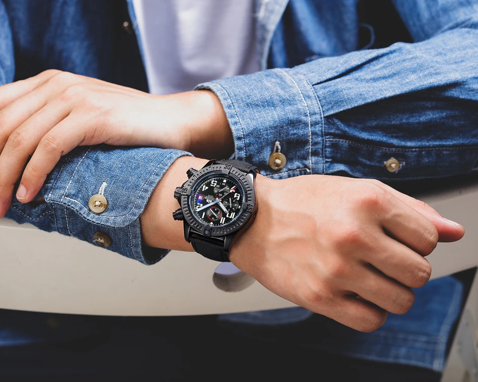 Automatique auto-vent lumineux mécanique toile Style véritable noir bleu cuir multifonction Date mois Sport hommes_voghion.com