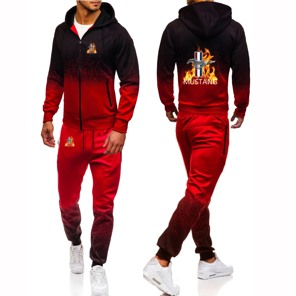 2022 men's new Spring and Autumn Mustang printed Harajuku style sports gradient zipper hoodie leisure pants suit