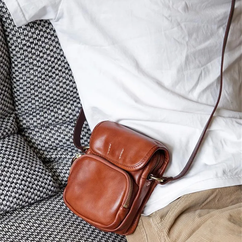 

Outdoor daily fashion vintage genuine leather men's small phone bag simple casual weekend real cowhide shoulder crossbody bag
