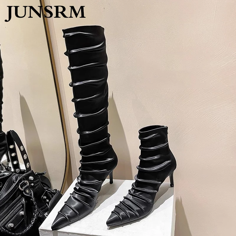 

2023 New Satin Pleated Short Boots Pointed Toe Thin High Heel Fashion Knee-length Women Boot Winter Stiletto Banquet Party Shoes
