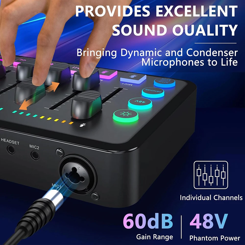Gaming Audio Mixer Rechargeable Audio Interface RGB Mixer With XLR Microphone Interface 48V Phantom Power For Podcast/Recording