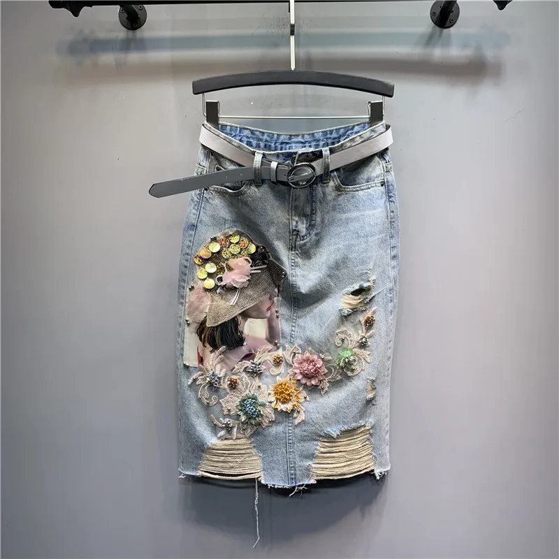 

Women's Denim Skirt 2023 Original Design Heavy Industry Sequin Straw Hat Girl Ripped Hole High Waist A-Line Denim Half Skirt