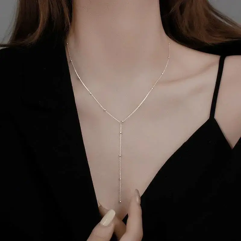 LATS Gold Color Double Layered Long Tassel Chain Necklaces for Women Simple Metal Geometric Bead Choker Necklace Fashion Jewelry - Image 5