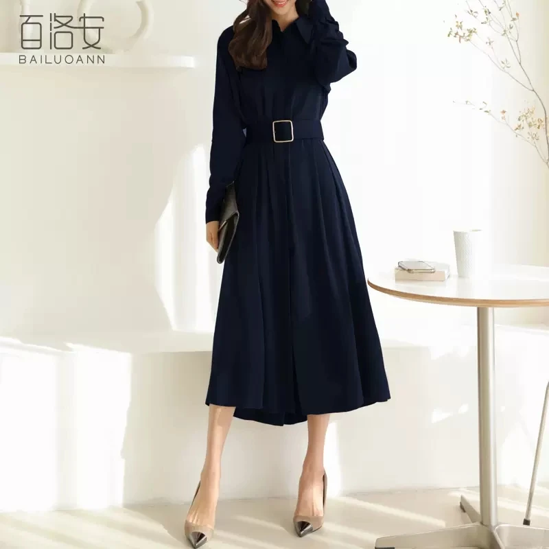 

Long-sleeved dress women's spring dress new Korean version of lace-up slim A-line dress fashion long shirt skirt.