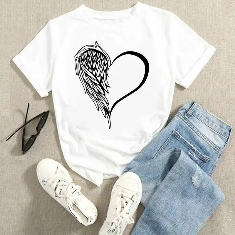 thumbnail image 1 of Camisetas estampadas de dibujos animados para mujer, camisetas de moda de verano, Tops de leopardo con corazón de amor, camiseta de manga corta para vacaciones 2022, 1 of 5