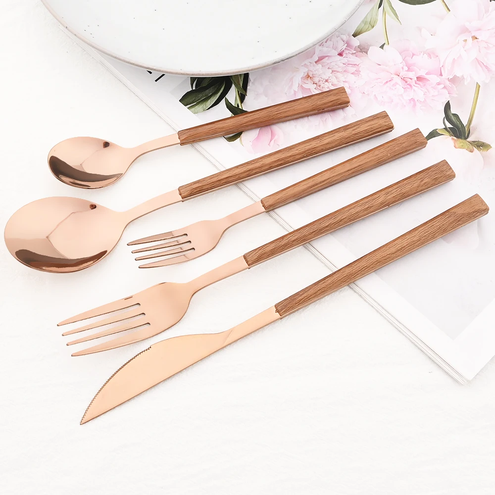 6Pcs Wood Handle Cutlery Set Steak Knife Fork Tea Spoon Chopsticks Dinnerware Stainless Steel Tableware Western Kitchen Flatware