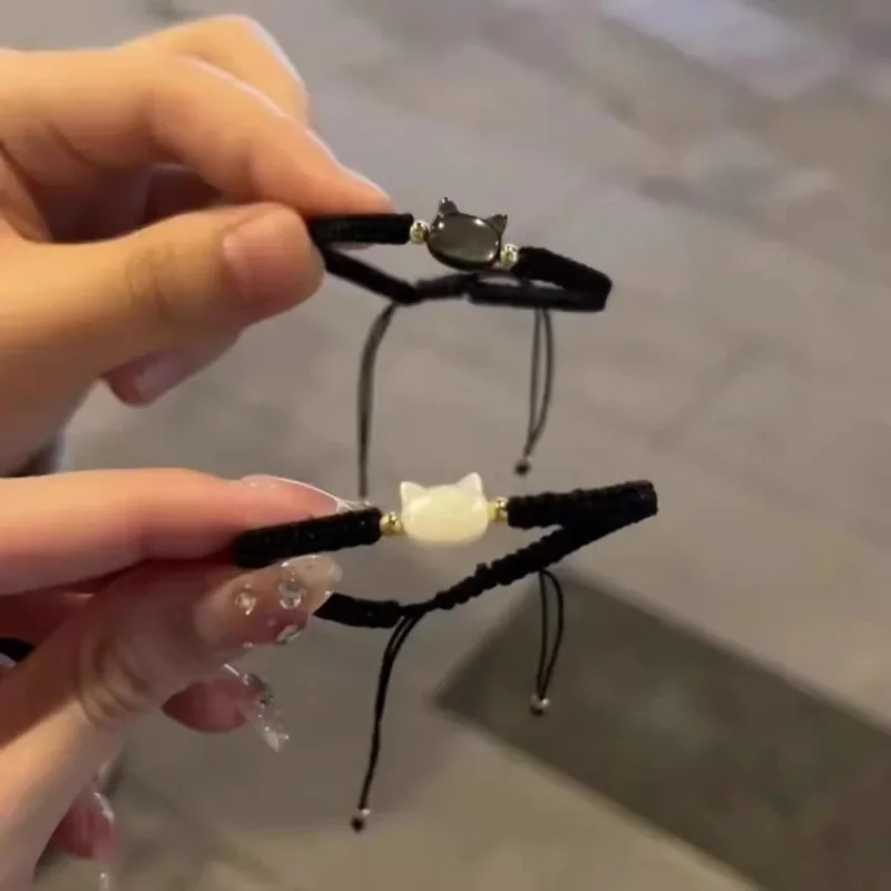 2pcs Y2K Black White Cat Bracelet Lovers Friends Natural Moonstone Rope Couple Simple Handmade Charms Bracelets Jewelry Gifts