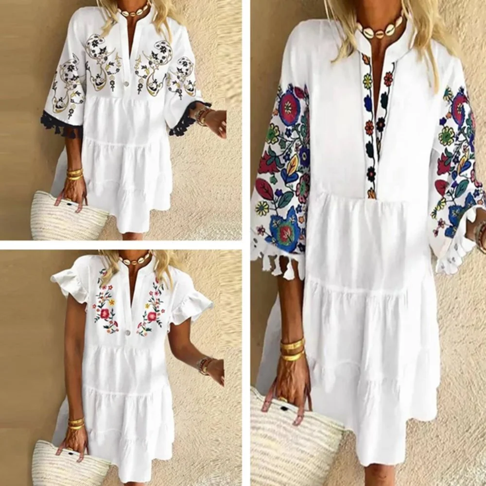 

Summer Dress Women 3/4 Sleeve Tassel Print V-neck Mid Waist Casual Dresses for Women