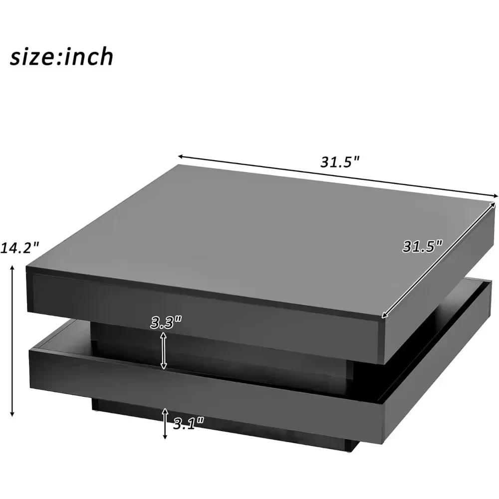 Coffee Table Modern Minimalist Design High Gloss 31.5 Inch 2 Tier Square with Plug-In 16 Color LED Lights Caf&eacute; Tables