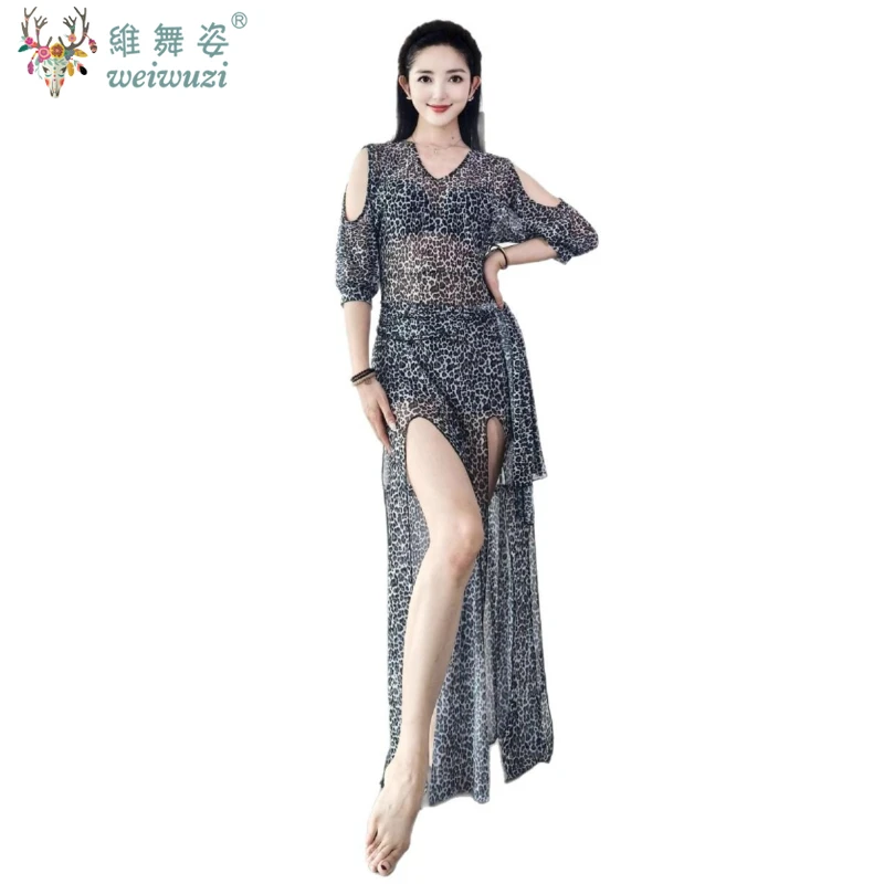 Belly Dance Practice Costume Leopard print mesh Dress Baladi Robe Shaabi Robe Clothes Folk Dress Oriental Performances Clothing