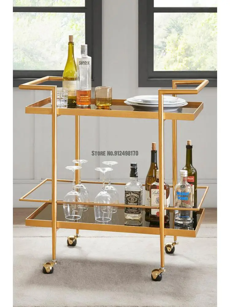 Nordic golden wrought iron dining car two-layer red wine and beverage racks metal storage hot pot shop mobile cart
