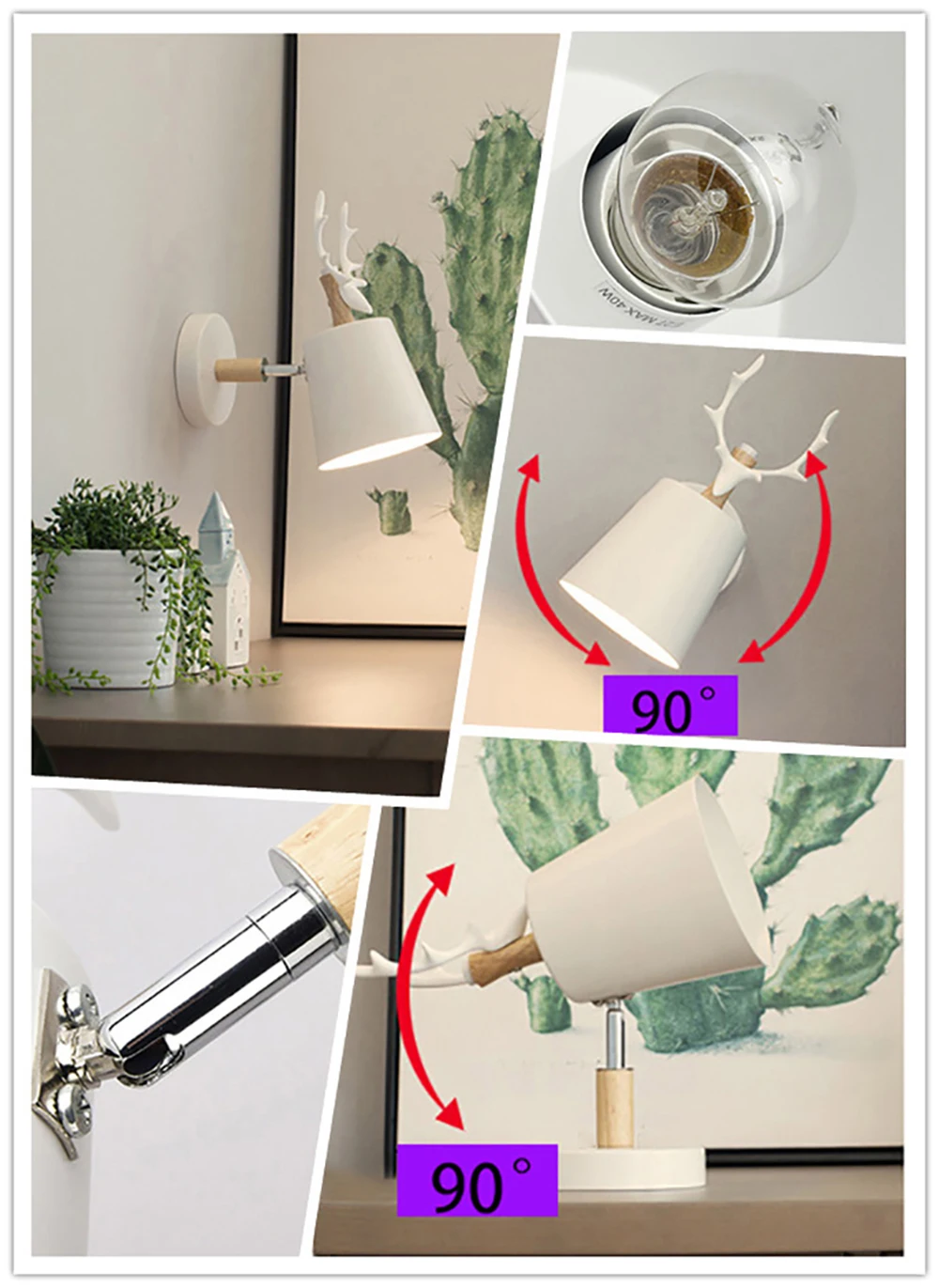 Creative Modern Wall Lamp Simple Deer Art Decor Wall Lamp Iron E27 Base Steering Head Nordic Style Sconce for Bedroom Study Room