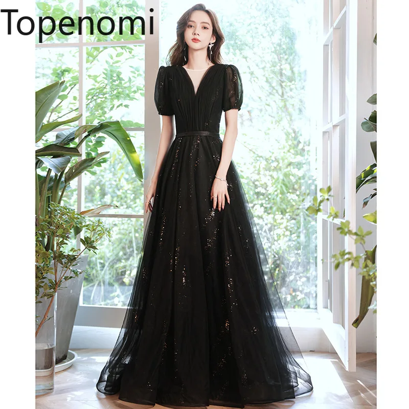 

Topenomi Black Sequins Organza Evening Dresses 2024 New Temperament Waist Short Sleeve Long Night Party Gowns Luxury Prom Dress