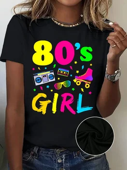 Sleeve Polyester Spandex Blend Crew Neck Medium Stretch Graphic Shirt Girl Retro Radio and Roller Skates Print T-Shirt Casual 1