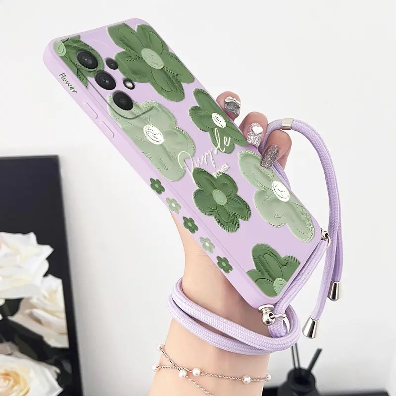 Green Floral Crossbody Lanyard Silicone Phone Case Cover