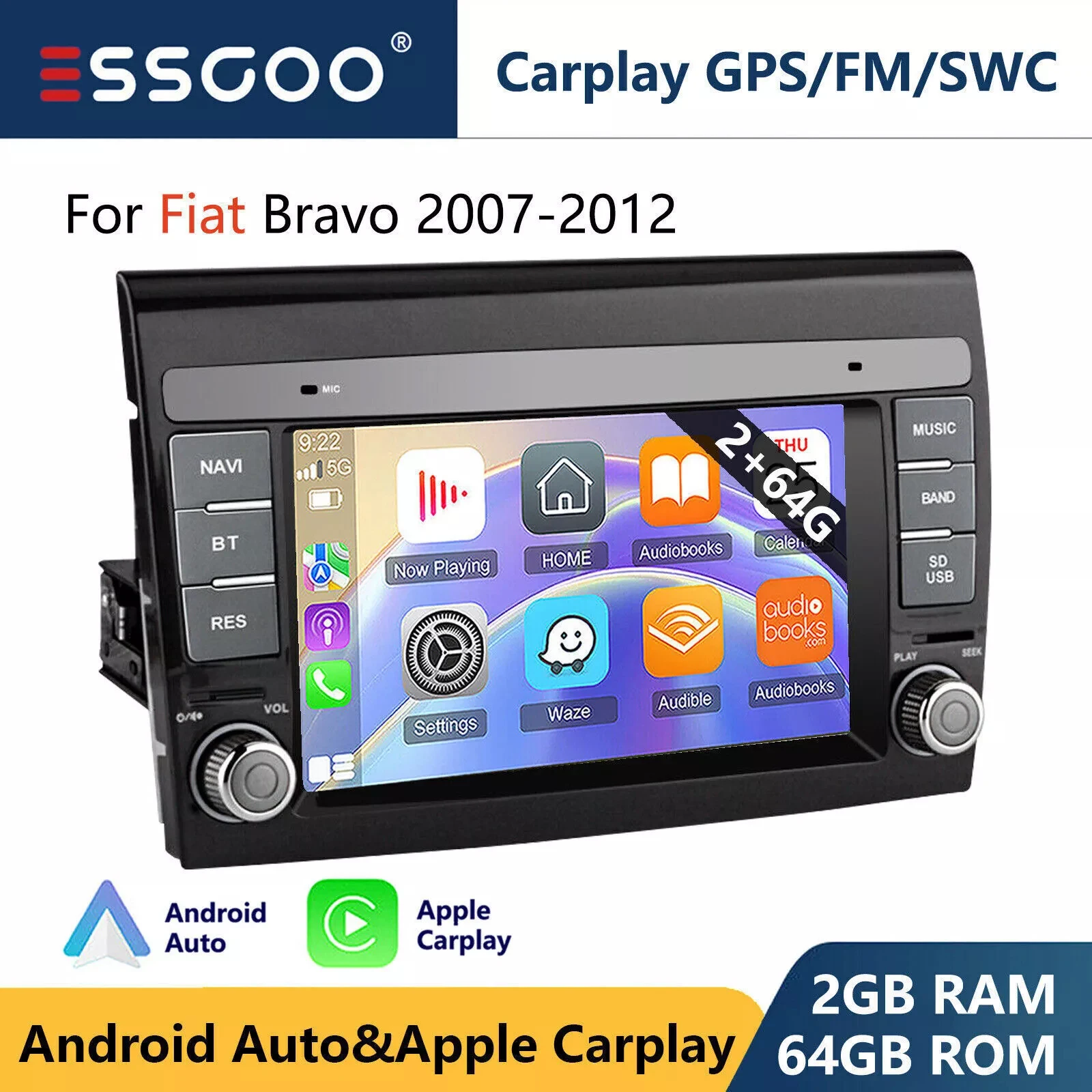 ESSGOO für Fiat Bravo 2007-2012 Android 13 2+32G Wireless Apple Carplay Android Auto Autoradio Bluetooth GPS Navi WLAN RDS USB