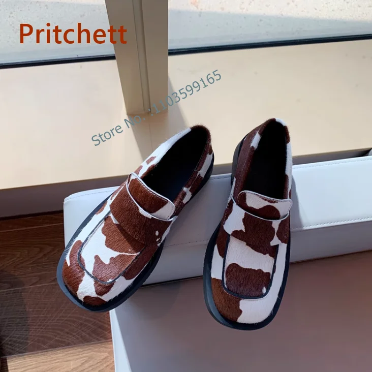 

Printing Cow Stripes Pumps Horsehair Mixed Color Flat with Slip On Mixed Color Leather Shoes Spring Comfortable Women's Shoes