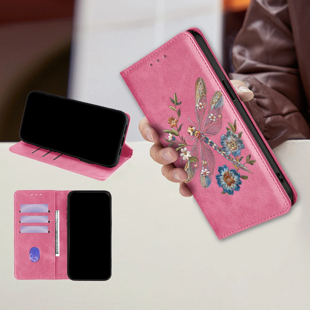 Dragonfly Flower Pattern Leather Flip Cover