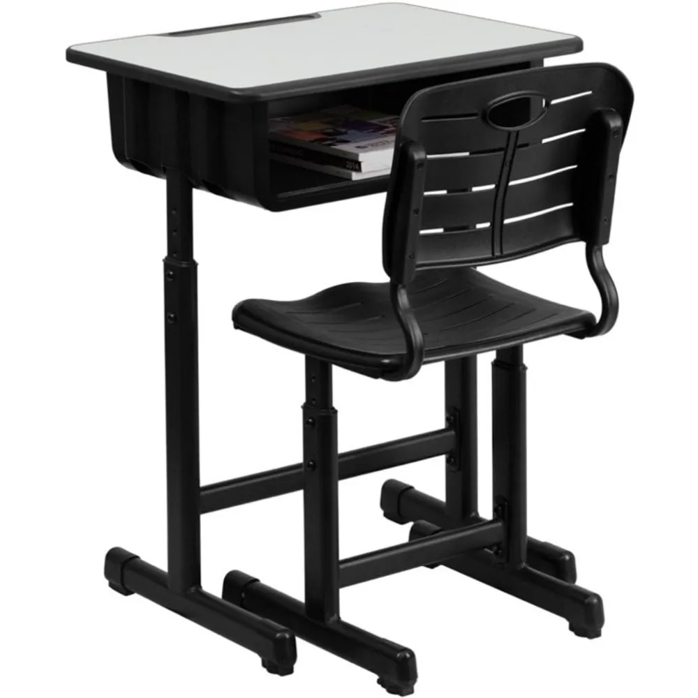 Adjustable Height Student Desk and Chair Set for Classrooms or Remote Learning, School Desk with Chair and Book Box, Gray/Black