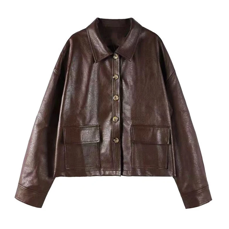 

Faux Leather Jacket Spring Women Clothing Long Sleeve Zipper PU Coat Korean Style Casual Loose Streetwear Ladies Outerwear FLJ03