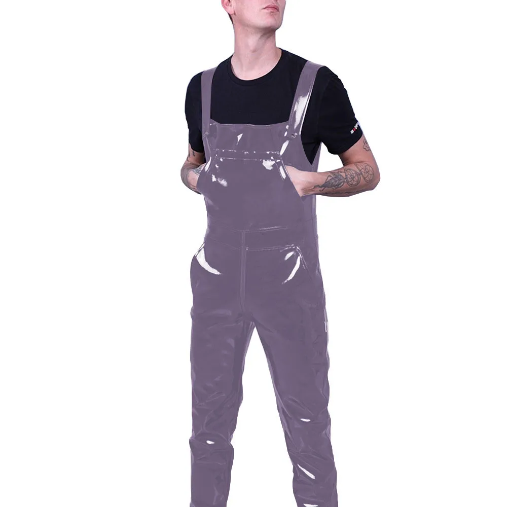 Wetlook Mens Jumpsuit Pockets Strap Suspender Pants Glossy PVC Leather Bib Pants Solid Color Streetwear Gothic Overalls Rompers 4