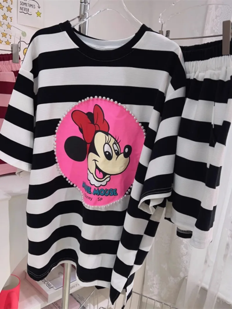 Korean Style Cartoon Printed Casual Short Sleeved T-shirt Shorts Sets 2024 Summer New Striped Two-Piece Outfits Women's Clothes